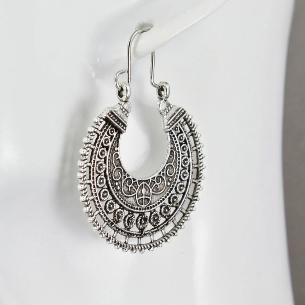 New Wildflower Wander Mandala Antique Sterling Silver Hollow Out Hoop Earrings - Picture 14 of 16